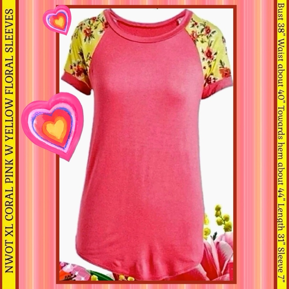 COOL MELON NWOT XL CORAL/YELLOW FLORAL TSHIRT CASUAL COTTAGECORE LIGHTWEIGHT